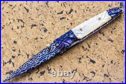 DC Custom Folding Knife Blue Mosaic Damas Steel Robert Calcinore White Pearl