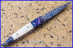 DC Custom Folding Knife Blue Mosaic Damas Steel Robert Calcinore White Pearl