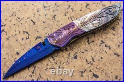 DC Custom Folding Knife Color Damascus Blade Titanium Bolster Black Pearl Carved