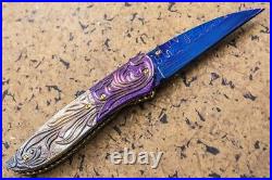 DC Custom Folding Knife Color Damascus Blade Titanium Bolster Black Pearl Carved