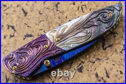 DC Custom Folding Knife Color Damascus Blade Titanium Bolster Black Pearl Carved