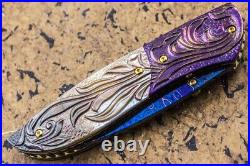 DC Custom Folding Knife Color Damascus Blade Titanium Bolster Black Pearl Carved