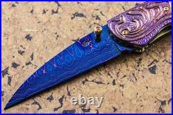 DC Custom Folding Knife Color Damascus Blade Titanium Bolster Black Pearl Carved