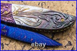 DC Custom Folding Knife Color Damascus Blade Titanium Bolster Black Pearl Carved