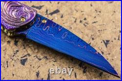 DC Custom Folding Knife Color Damascus Blade Titanium Bolster Black Pearl Carved