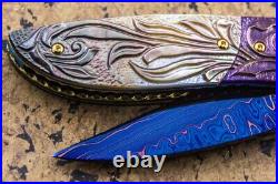 DC Custom Folding Knife Color Damascus Blade Titanium Bolster Black Pearl Carved