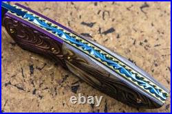 DC Custom Folding Knife Color Damascus Blade Titanium Bolster Black Pearl Carved