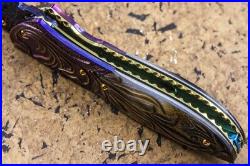 DC Custom Folding Knife Color Damascus Blade Titanium Bolster Black Pearl Carved