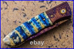 DC Custom Folding Knife Color Damascus Dyed Deep Blue Sea Mammoth Tooth Gem Stud