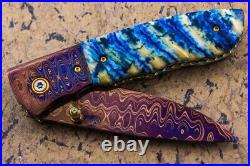 DC Custom Folding Knife Color Damascus Dyed Deep Blue Sea Mammoth Tooth Gem Stud