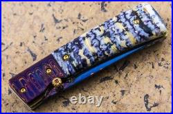 DC Custom Folding Knife Color Damascus Dyed Navy Blue Mammoth Tooth Titanium Gem