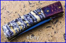 DC Custom Folding Knife Color Damascus Dyed Navy Blue Mammoth Tooth Titanium Gem