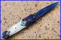 DC Custom Folding Knife Color Damascus Spear White Pearl Titanium 24K Gold Screw