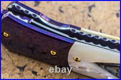 DC Custom Folding Knife Mosaic Damas Steel 6AL4V Titanium 24K Screw White Pearl