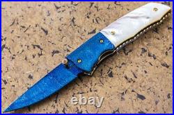 DC Custom Folding Knife Mosaic Damas Steel 6AL4V Titanium Anodized White Pearl