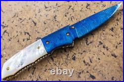 DC Custom Folding Knife Mosaic Damas Steel 6AL4V Titanium Anodized White Pearl