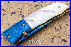 DC Custom Folding Knife Mosaic Damas Steel 6AL4V Titanium Anodized White Pearl