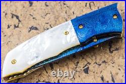 DC Custom Folding Knife Mosaic Damas Steel 6AL4V Titanium Anodized White Pearl