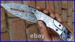 Damascus Custom Handmade Unique & Beautiful Folding Knife Fire Pattern 7.75