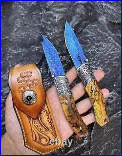 Damascus Folding Knife Dragonskin Survival Ball Bearings Collectible Rescue EDC