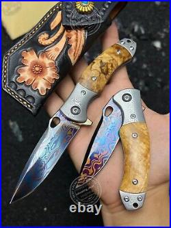 Damascus Folding Knife Survival Ball Bearings Collectible Pocket Knife EDC Maple