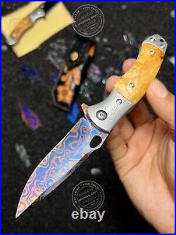 Damascus Folding Knife Survival Ball Bearings Collectible Pocket Knife EDC Maple