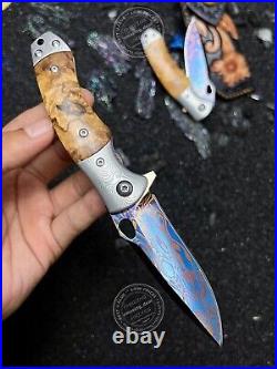 Damascus Folding Knife Survival Ball Bearings Collectible Pocket Knife EDC Maple