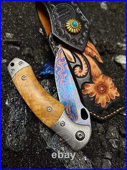 Damascus Folding Knife Survival Ball Bearings Collectible Pocket Knife EDC Maple