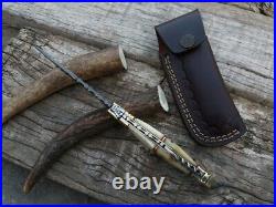 Damascus Laguiole pocket knife EDC Stag antler handle