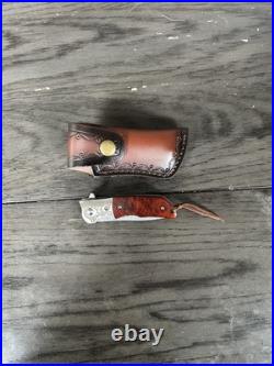 Damascus Steel Folding Pocket Knife Wood Handle with Leather Sheath