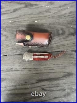 Damascus Steel Folding Pocket Knife Wood Handle with Leather Sheath