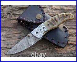 Damascus folding pocket knife for men stag horn handle, handmade knife, groomsme