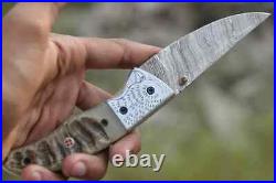 Damascus folding pocket knife for men stag horn handle, handmade knife, groomsme