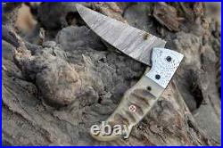 Damascus folding pocket knife for men stag horn handle, handmade knife, groomsme