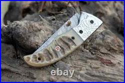 Damascus folding pocket knife for men stag horn handle, handmade knife, groomsme