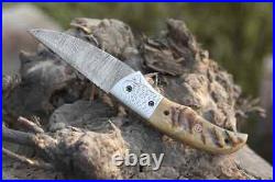 Damascus folding pocket knife for men stag horn handle, handmade knife, groomsme