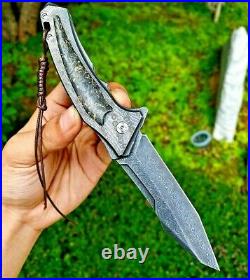 Drop Point Folding Knife Hunting Tactical Survival Combat Damascus Steel Flipper