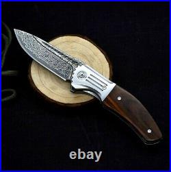 Drop Point Folding Knife Pocket Flipper Hunting Survival Damascus Steel Wood EDC