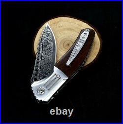 Drop Point Folding Knife Pocket Flipper Hunting Survival Damascus Steel Wood EDC