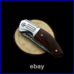 Drop Point Folding Knife Pocket Flipper Hunting Survival Damascus Steel Wood EDC