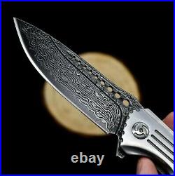 Drop Point Folding Knife Pocket Flipper Hunting Survival Damascus Steel Wood EDC