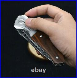 Drop Point Folding Knife Pocket Flipper Hunting Survival Damascus Steel Wood EDC