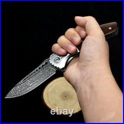 Drop Point Folding Knife Pocket Flipper Hunting Survival Damascus Steel Wood EDC