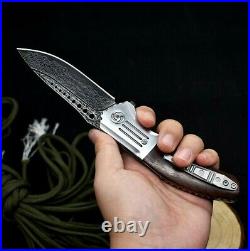 Drop Point Folding Knife Pocket Flipper Hunting Survival Damascus Steel Wood EDC