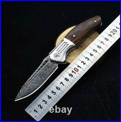 Drop Point Folding Knife Pocket Flipper Hunting Survival Damascus Steel Wood EDC