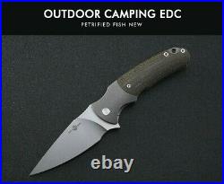 Drop Point Folding Knife Pocket Hunting Survival Combat 14C28N Steel Flax Handle