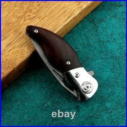 Drop Point Folding Knife Pocket Hunting Survival Combat Wootz Steel Wood Handle