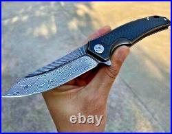 Drop Point Folding Knife Pocket Hunting Survival Damascus Steel Titanium Handle