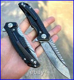 Drop Point Folding Knife Pocket Hunting Survival Damascus Steel Titanium Handle