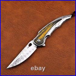 Drop Point Folding Knife Pocket Hunting Survival Tactical Damascus Steel Wood S